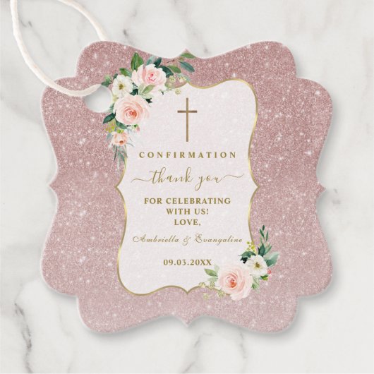 Chic Roze Witte Bloemen Goud Meisje Bevestiging Bedankjes Labels (Voorkant)