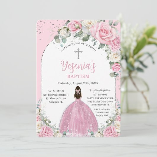 Chic Roze Witte Bloemen Zilveren Boog Doop Kaart (Staand voorkant)