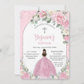 Chic Roze Witte Bloemen Zilveren Boog Doop Kaart (Voorkant)