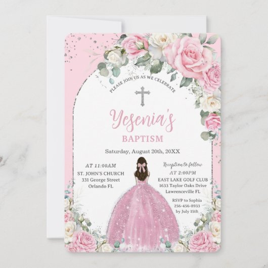 Chic Roze Witte Bloemen Zilveren Boog Doop Kaart (Voorkant)