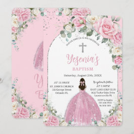 Chic Roze Witte Bloemen Zilveren Boog Doop Kaart