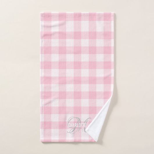 Chic roze witte gingham monogram naam bad handdoek (Handdoek)