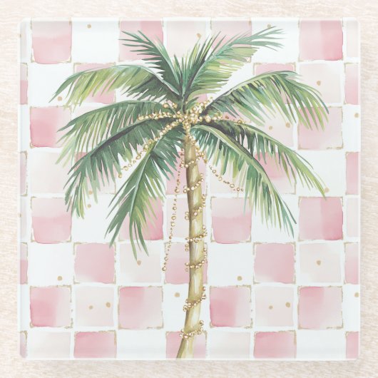 Chic Roze Witte Pleinen Gouden Palm Tree Glazen Onderzetter (Voorkant)