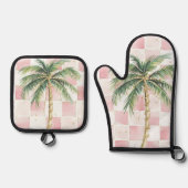 Chic Roze Witte Pleinen Gouden Palm Tree Ovenwant & Pannenlap Set (Voorkant)