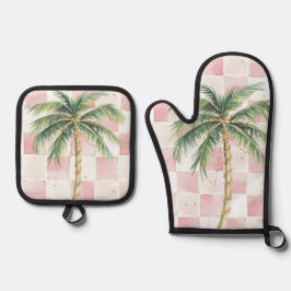 Chic Roze Witte Pleinen Gouden Palm Tree Ovenwant & Pannenlap Set