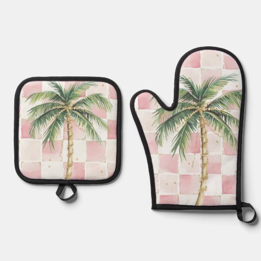 Chic Roze Witte Pleinen Gouden Palm Tree Ovenwant & Pannenlap Set (Voorkant)