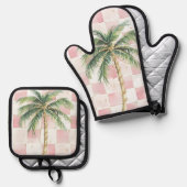 Chic Roze Witte Pleinen Gouden Palm Tree Ovenwant & Pannenlap Set (Voorkant / Achterkant)