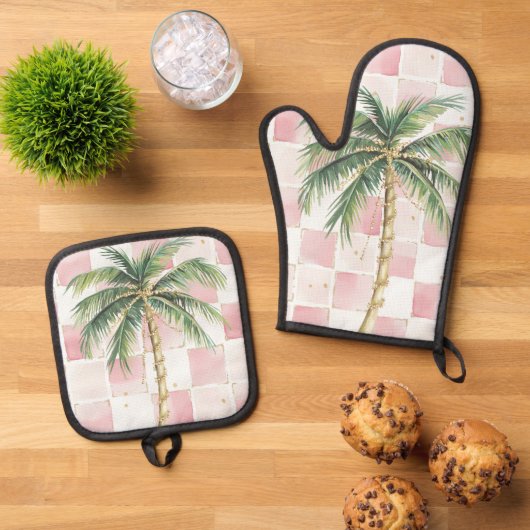 Chic Roze Witte Pleinen Gouden Palm Tree Ovenwant & Pannenlap Set (Top down)