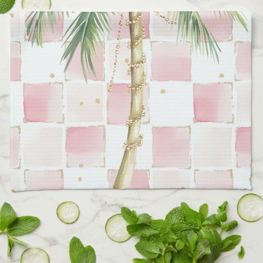 Chic Roze Witte Pleinen Gouden Palm Tree Theedoek (Gevouwen)