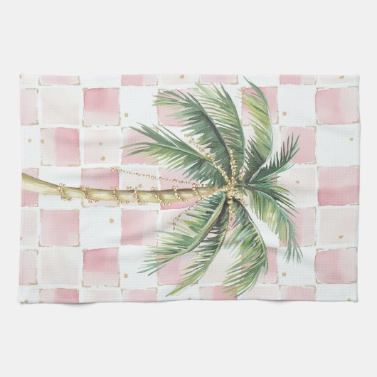 Chic Roze Witte Pleinen Gouden Palm Tree Theedoek (Horizontaal)