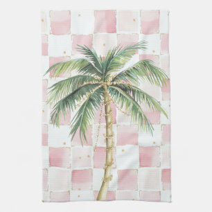 Chic Roze Witte Pleinen Gouden Palm Tree Theedoek