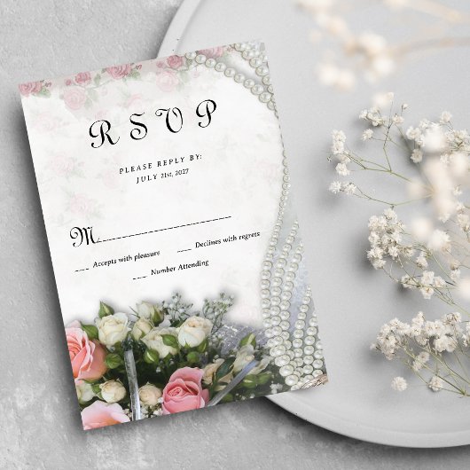 chic roze witte roos bloem RSVP Kaart