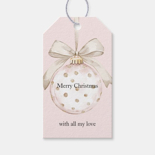 Chic Roze Witte Stippen Boog Ornament Kerst Cadeaulabel (Voorkant)