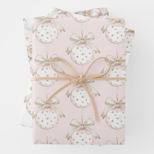 Chic Roze Witte Stippen Boog Ornament Kerst Inpakpapier Vel (In situ)