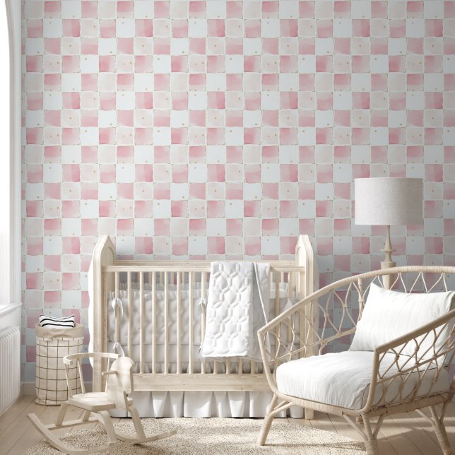 Chic Roze Witte Vierkanten Behang (Kinderen)