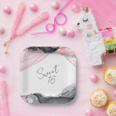 Chic Roze & Zwart Marmer Sweet 16 Papier Borden Papieren Bordje (Feest)