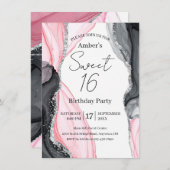 Chic Roze & Zwart Marmer Sweet 16 Uitnodiging (Voorkant / Achterkant)