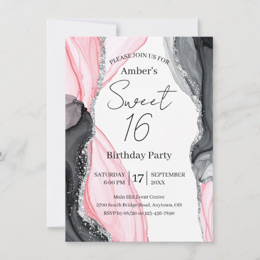 Chic Roze & Zwart Marmer Sweet 16 Uitnodiging (Voorkant)
