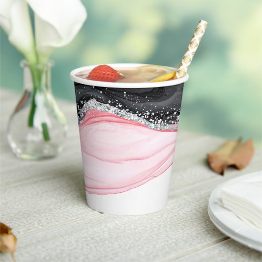 Chic Roze & Zwart Marmeren Papier Cups Papieren Bekers (Insitu)