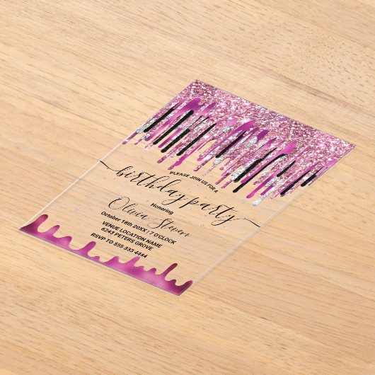 Chic roze zwarte glitter druppels monogram verjaar acryl uitnodigingen (Laagn)