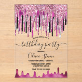 Chic roze zwarte glitter druppels monogram verjaar acryl uitnodigingen (Voorkant)
