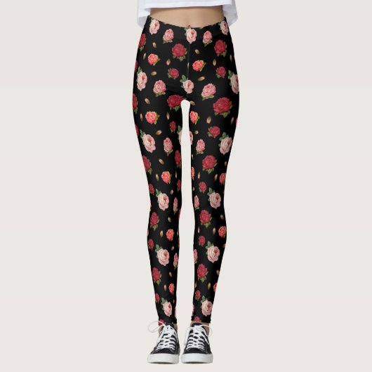 Chic Rozen Cute Black Floral Retro Pattern Leggings (Voorkant)
