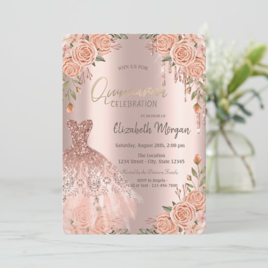 Chic Rozen Glitter Druppels Jurk Quinceañera Kaart (Staand voorkant)