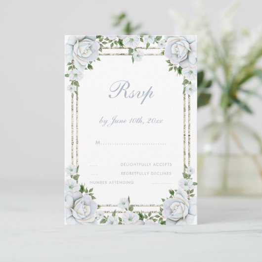 Chic Rozen & Silver Border Floral Wedding RSVP Kaartje (Staand voorkant)