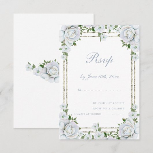 Chic Rozen & Silver Border Floral Wedding RSVP Kaartje (Voorkant / Achterkant)