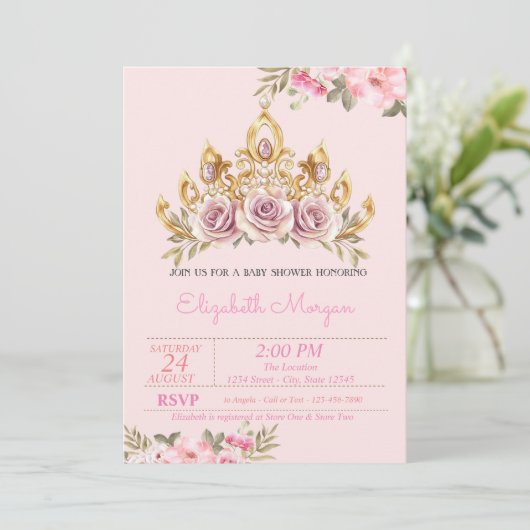 Chic Rozen Tiara Floral Baby shower Kaart (Staand voorkant)