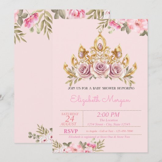 Chic Rozen Tiara Floral Baby shower Kaart (Voorkant / Achterkant)