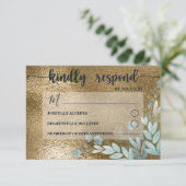 Chic RSVP Navy and Gold Foliage Wedding Kaartje (Staand voorkant)