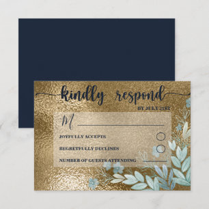 Chic RSVP Navy and Gold Foliage Wedding Kaartje