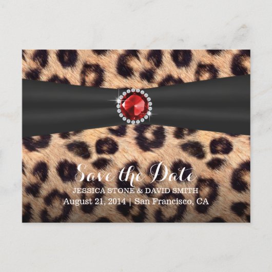 Chic Ruby Gemstone Leopard Print Save the Date Aankondigingskaart (Voorkant)