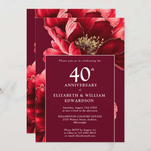 Chic Ruby Red Elegant Bloemen 40e Jubileum Kaart (Voorkant / Achterkant)