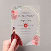 Chic Ruby Red Floral Geometric Quinceañera Acryl Uitnodigingen (Insitu (Draagbaar))