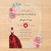 Chic Ruby Red Floral Geometric Quinceañera Acryl Uitnodigingen (Voorkant)