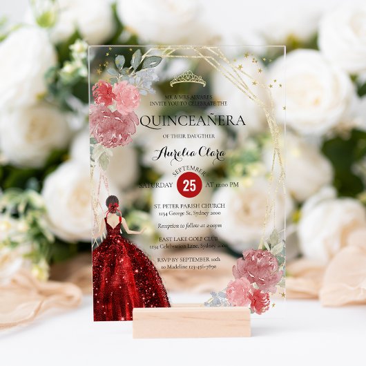 Chic Ruby Red Floral Geometric Quinceañera Acryl Uitnodigingen