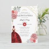 Chic Ruby Red Floral Geometric Quinceañera Kaart (Staand voorkant)