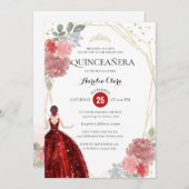 Chic Ruby Red Floral Geometric Quinceañera Kaart (Voorkant / Achterkant)