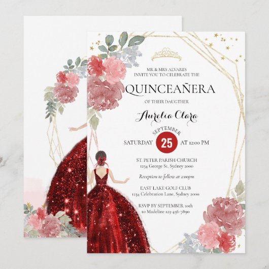 Chic Ruby Red Floral Geometric Quinceañera Kaart (Voorkant / Achterkant)