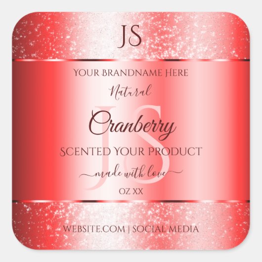 Chic Ruby Red Soft Glitter Product Labels Monogram (Voorkant)