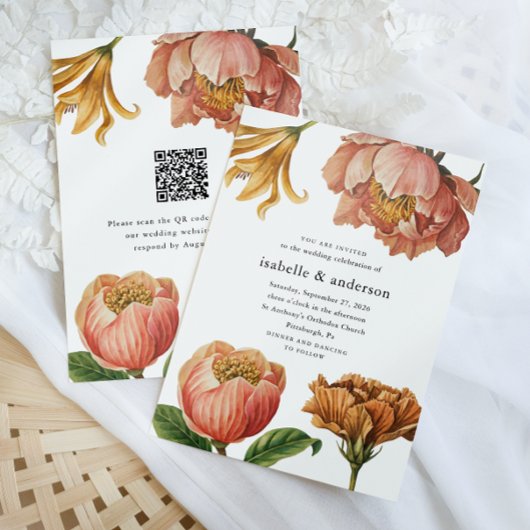 Chic Rustic Bloemen QR Code RSVP Huwelijk Kaart