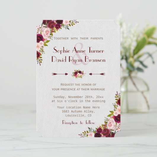 Chic Rustic Burgundy Marsala Floral Wedding Kaart (Staand voorkant)
