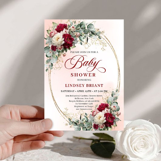 Chic Rustic Burgundy Peony Gold Baby Shower Invite Kaart