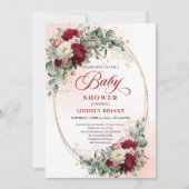 Chic Rustic Burgundy Peony Gold Baby Shower Invite Kaart (Voorkant)