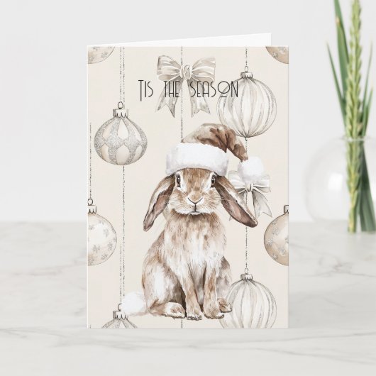 Chic Rustic Christmas Cream Bunny Ornamenten Kaart (Voorkant)