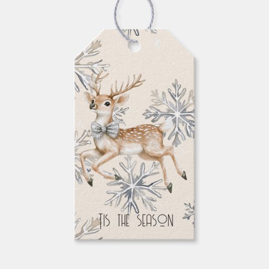 Chic Rustic Christmas Cream Herten Sneeuwvlokken Cadeaulabel (Voorkant)