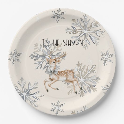 Chic Rustic Christmas Cream Herten Sneeuwvlokken Papieren Bordje (Voorkant)