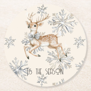 Chic Rustic Christmas Cream Herten Sneeuwvlokken Ronde Kartonnen Onderzetter